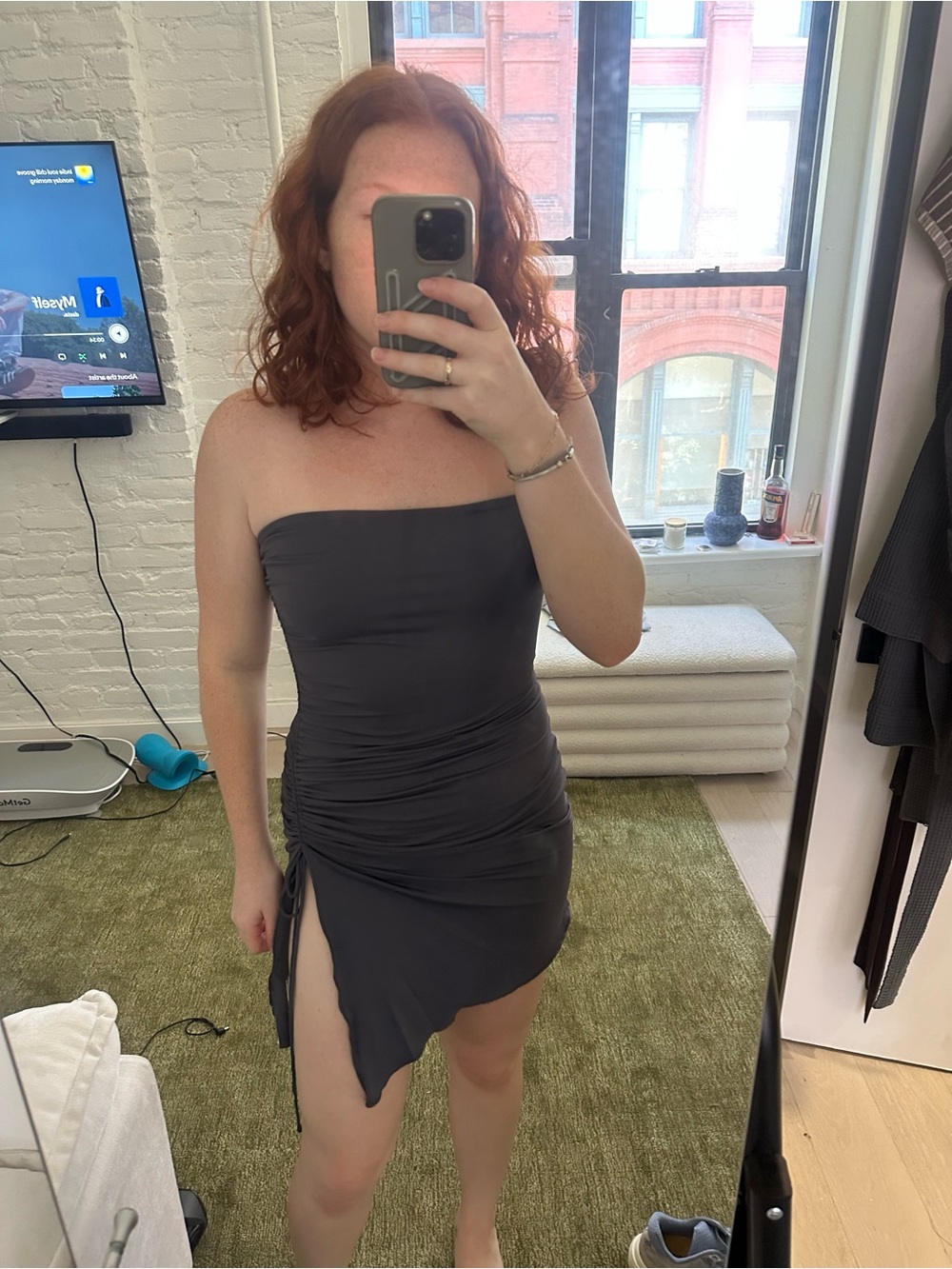 Princess Polly Charcoal Strapless Ruched Side-Slit Mini Dress